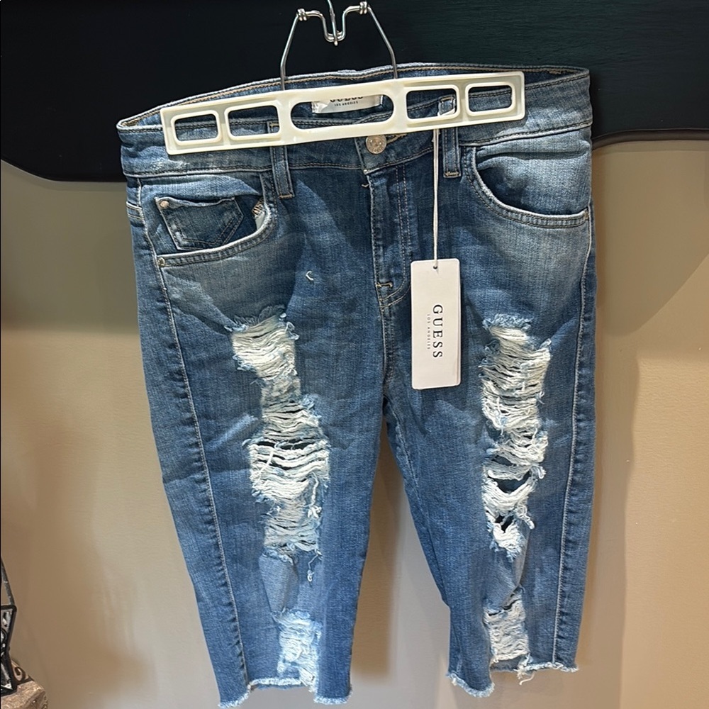 GUESS Women's Light Blue Ripped Cropped Jeans